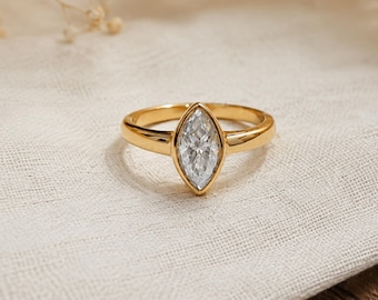 14K Yellow Gold Moissanite Ring, Marquise Shape Gemstone, Engagement Ring, Gift for Her