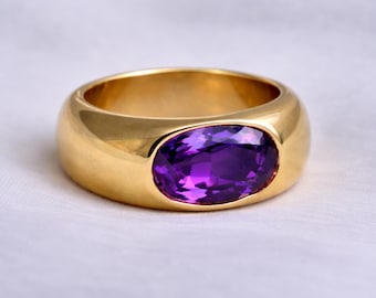 Purple Amethyst Dome Ring, 925 Solid Sterling Silver, Yellow Gold, Men Women Signet Ring, Handmade Jewelry