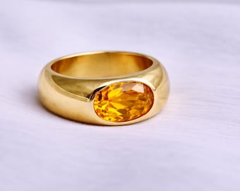 Citrine Dome Ring, 925 Solid Sterling Silver, Men Women Signet Ring, Yellow Gold Ring, Handmade Jewelry