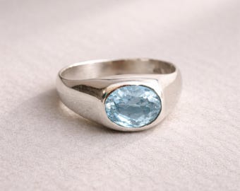 Aquamarine Signet Ring for Men Women, 925 Solid Sterling Silver, Copper Ring, Handmade Jewelry