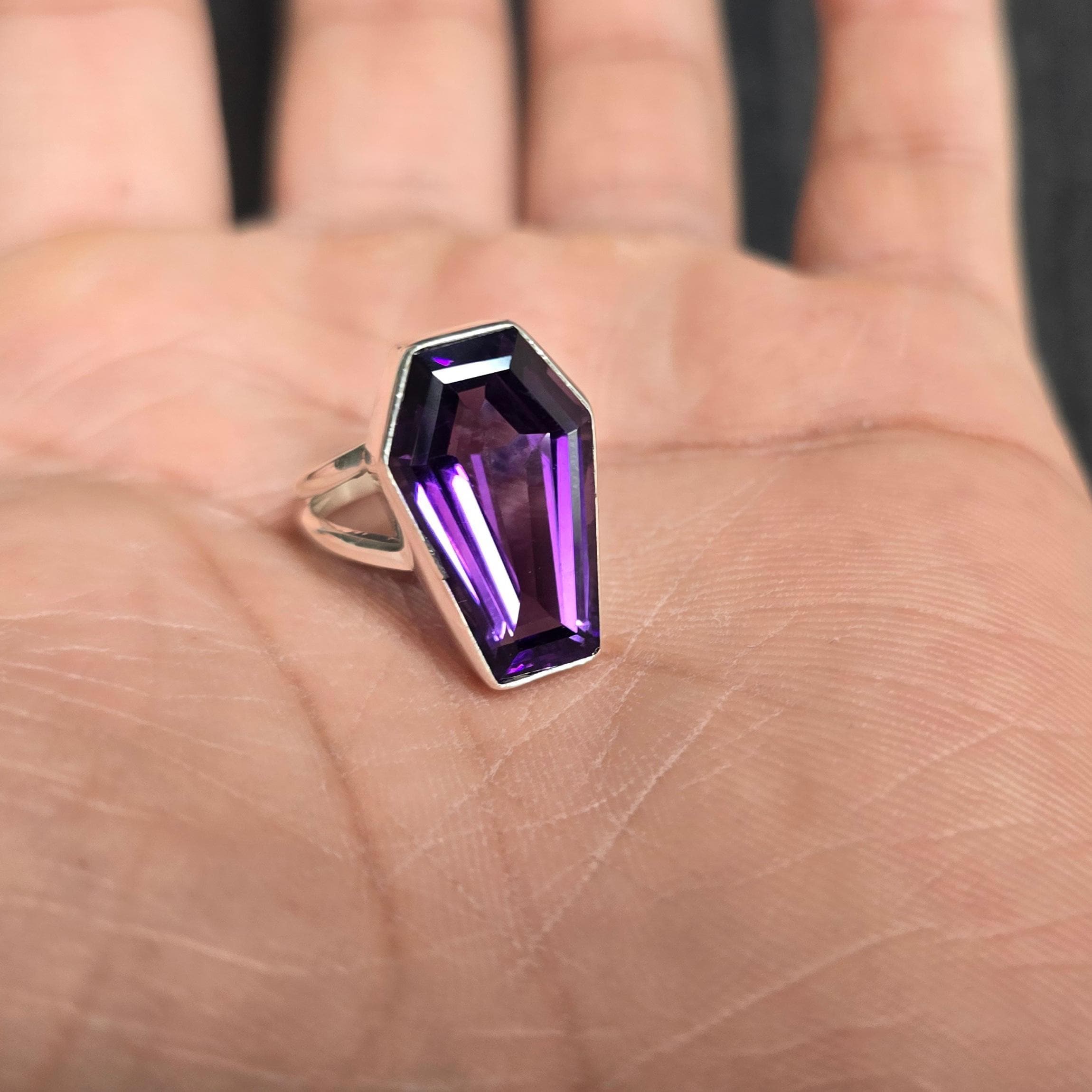 Coffin Ring, Amethyst Ring, Coffin Shape Gemstone Ring, 925 Solid Sterling Silver Ring, Handmade Ring, Gift for Partner