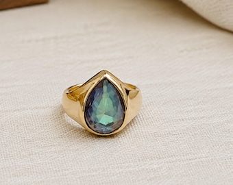 14k Yellow Gold Mystic Topaz Ring, 925 Solid Sterling Silver, Gemstone Signet Ring, Pure Copper Ring