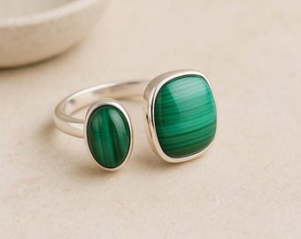 Anello con doppia malachite: anello regolabile fatto a mano in argento sterling 925