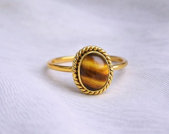 Minimalist Tiger Eye Ring: 925 Solid Sterling Silver, Oval Tiger Eye Gemstone, Yellow Gold Ring