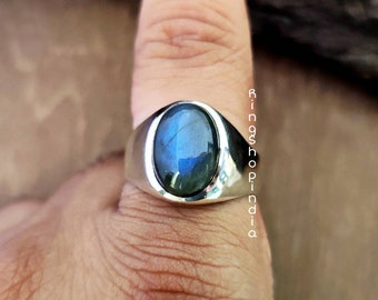 Anello labradorite naturale, anello in argento massiccio 925, anello con sigillo in oro 22k, anello con pietre preziose, anello fatto a mano, regalo di anniversario per il partner