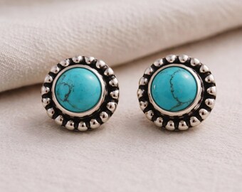 Handmade Turquoise Stud Earrings : 925 Sterling Silver Round Gemstone