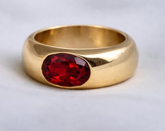 Garnet Dome Signet Ring, Solid Sterling Silver, Oval Red Gemstone, Handmade Jewelry