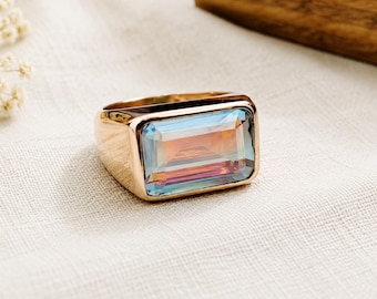 Angel Aura Quartz Signet Ring, 14K Yellow Gold Plated, 925 Solid Sterling Silver, Aura Quartz Ring