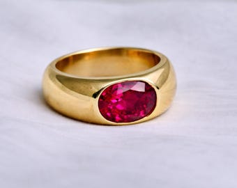 Ruby Dome Ring, 925 Solid Sterling Silver, Yellow Gold, Oval Gemstone Ring, Signet Ring for Men Women, Handmade Jewelry