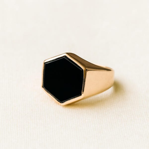 Hexagon Black Onyx Signet Ring: 925 Solid Sterling Silver, Pure Copper Handcrafted Ring, Bold Jewelry for Men