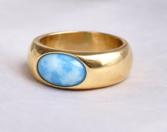 Natural Larimar Dome Ring, 925 Solid Sterling Silver, Gemstone Ring, Larimar Signet Ring for Men Women, Yellow Gold Ring