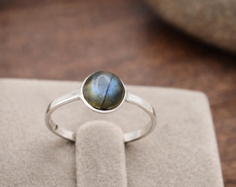 Natural Round Labradorite Minimalist Ring: 925 Solid Sterling Silver, Gemstone Ring