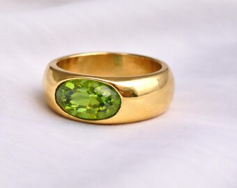 Peridot Dome Ring, 925 Solid Sterling Silver, Gemstone Ring, Signet Ring for Men Women, Handmade Jewelry, Yellow Gold Ring