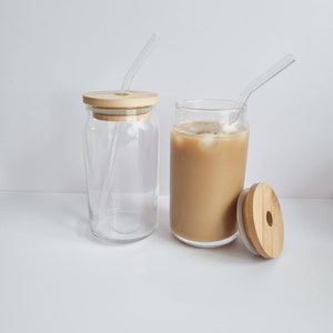 COFFEE - COFFEE GLASS CUP- 16OZ CUP WITH BAMBOO LID AND GLASS STRAW - NEW