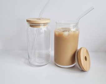 16oz Glass Cup + Bamboo Lid + Curved Glass Straw • 3pc Iced Coffee • Tea •Iced • Beverage Soda Glass Cup • Craft Blanks •Giftsakes