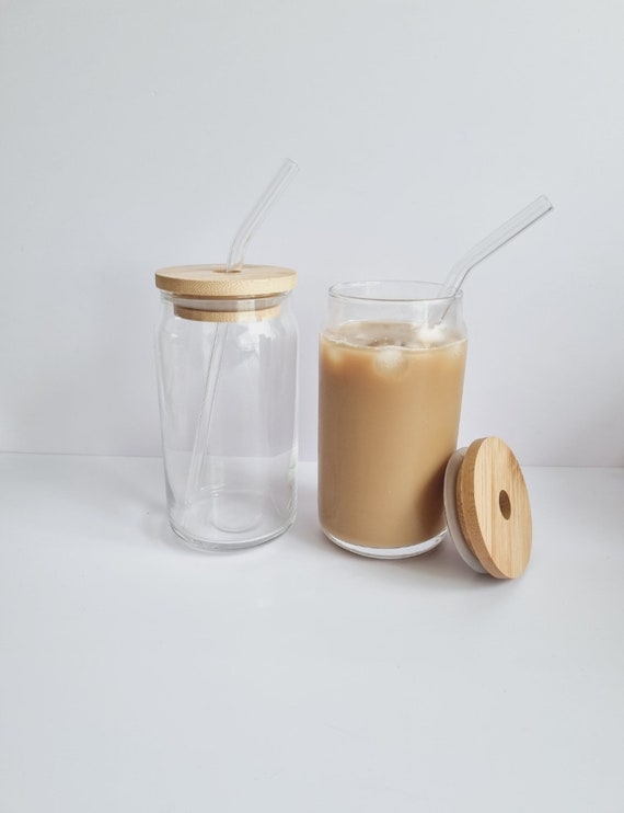 16oz Glass Cup Bamboo Lid Curved Glass Straw 3pc Iced Coffee Tea