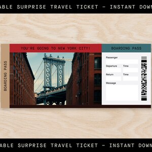 Biglietto per viaggio a sorpresa stampabile a New York, Carta d'imbarco di New York City, Biglietto per le vacanze modificabile, Download istantaneo PDF, DUMBO, Manhattan Bridge