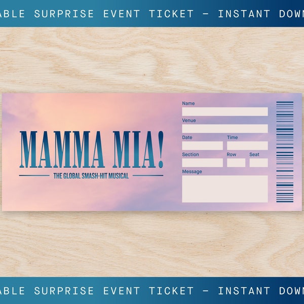 Printable Mamma Mia! West End Ticket Surprise, Musical Collectible Theater Ticket, Editable Musical Ticket, Broadway Theatre Souvenir