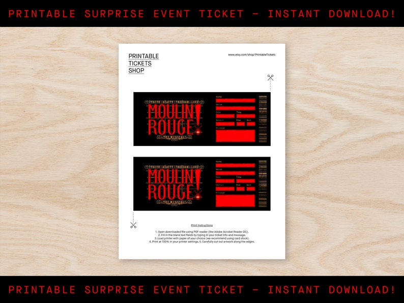 Printable Moulin Rouge Broadway Ticket Surprise, Musical Collectible Theater Ticket, Editable