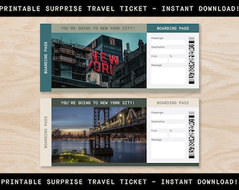 May include: Printable boarding pass ticket with a photo of the New York City skyline and the text "You're going to New York City!"  The ticket has fields for passenger, destination, from, to, and message.