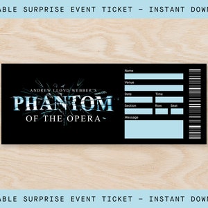 Printable Phantom of the Opera Broadway Ticket Surprise, Musical Collectible Theater Ticket, Editable Musical Ticket, Theatre Souvenir