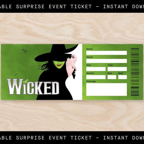 Printable Wicked Broadway Ticket Surprise, Musical Collectible Theater Ticket, Editable Musical Ticket, West End Theatre Souvenir