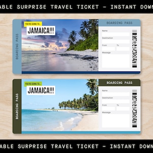 Printable JAMAICA Surprise Trip Gift Ticket, Boarding Pass, Printable Ticket, Vacation Ticket, Editable PDF Instant Download