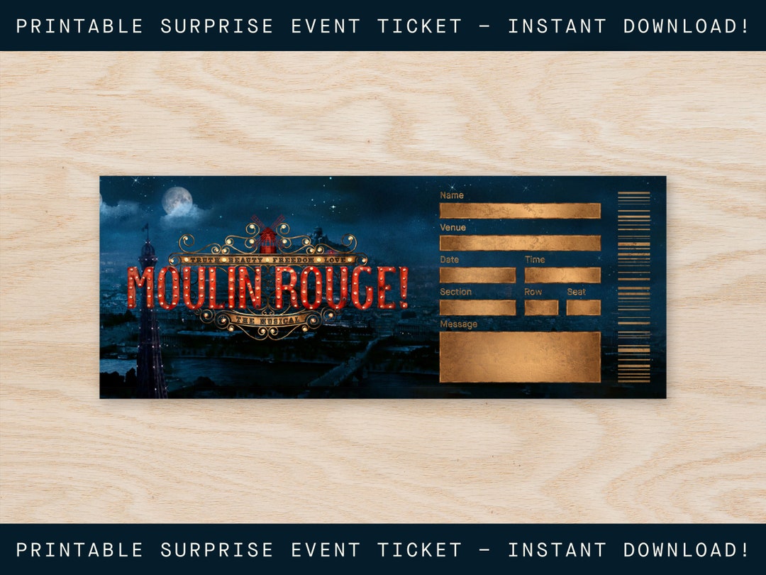 Printable Moulin Rouge Broadway Ticket Surprise, Musical Collectible Theater Ticket, Editable