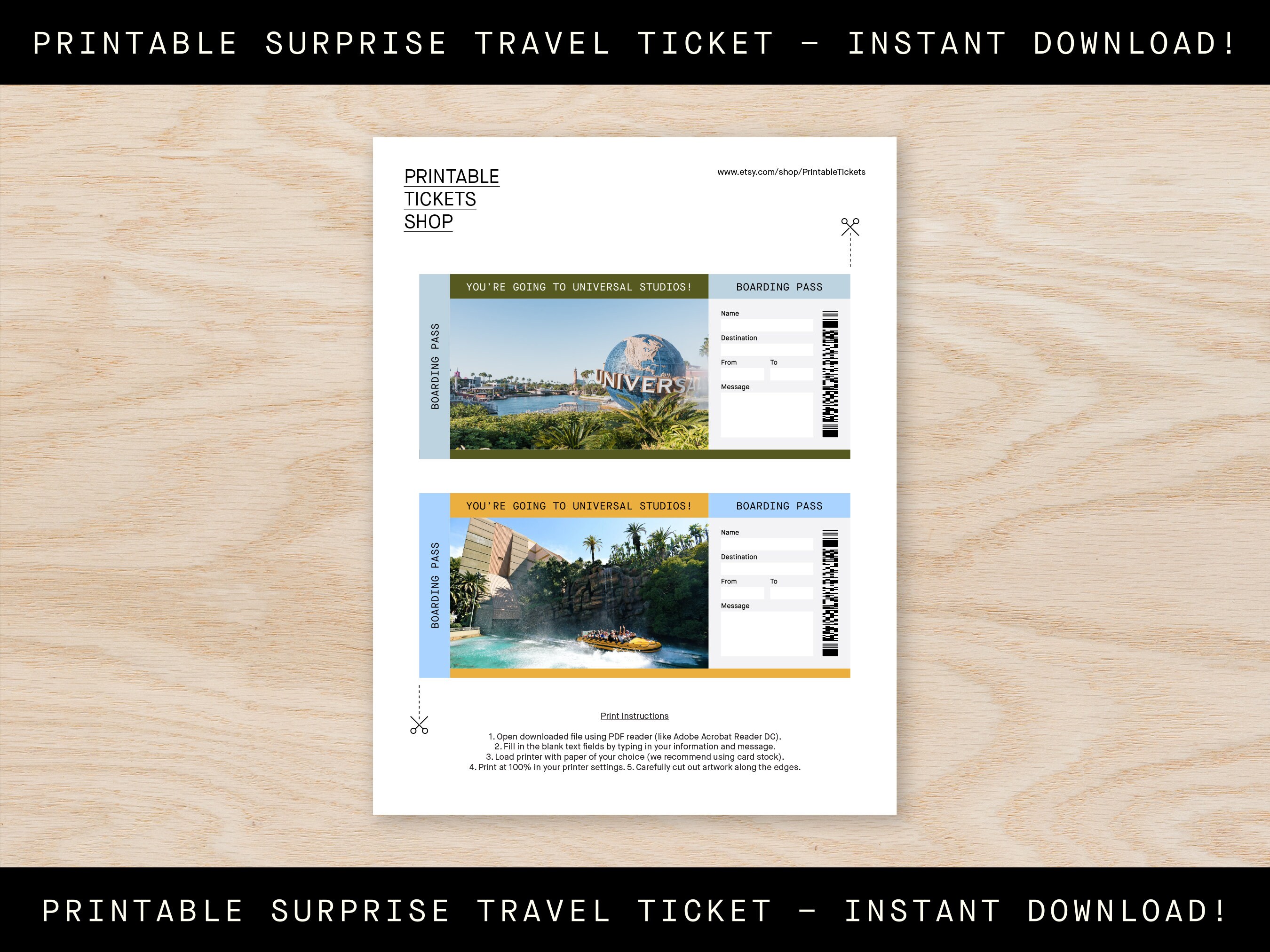 printable universal studios surprise trip gift ticket etsy