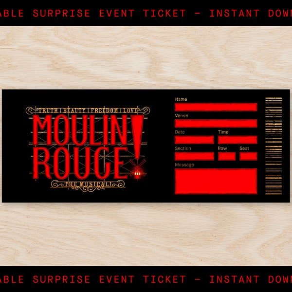 Printable Moulin Rouge Broadway Ticket Surprise, Musical Collectible Theater Ticket, Editable Musical Ticket, West End Theatre Souvenir
