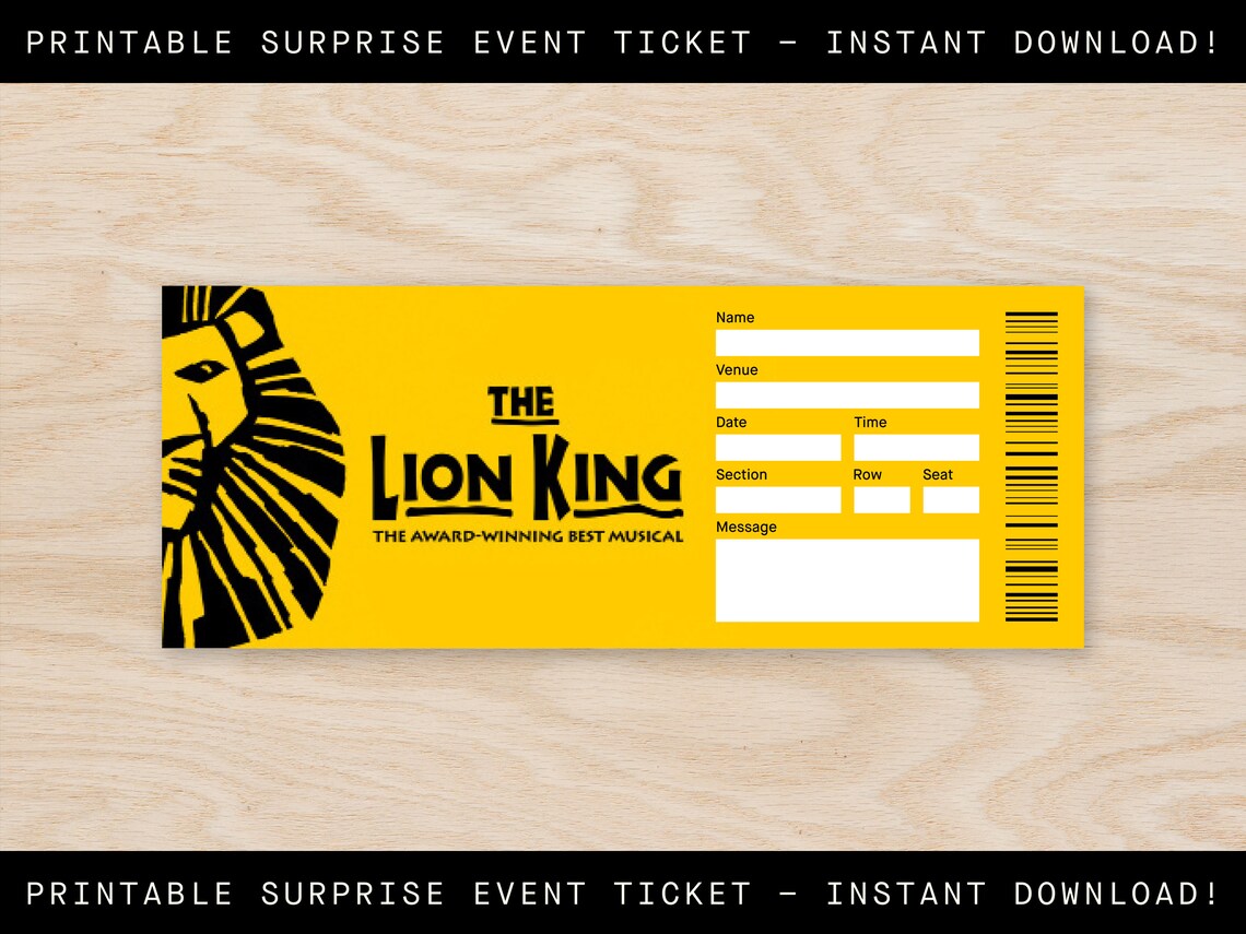 Printable the Lion King Broadway Ticket Surprise, Musical Collectible ...