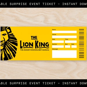 Druckbare The Lion King Broadway Ticket Surprise, Musical Collectible Theater Ticket, Editable Musical Ticket, Theater Eintritt Souvenir