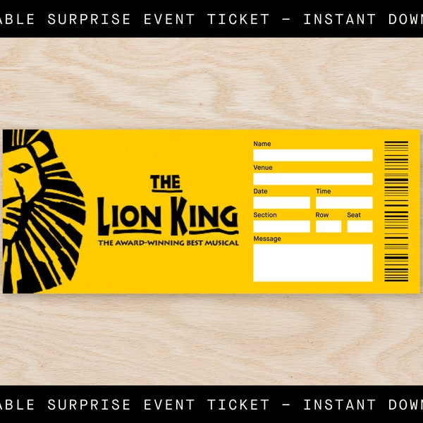 Printable The Lion King Broadway Ticket Surprise, Musical Collectible Theater Ticket, Editable Musical Ticket, Theatre Admission Souvenir