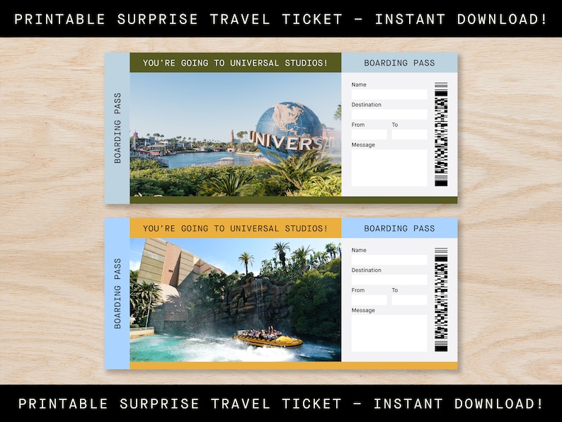 Printable UNIVERSAL STUDIOS Surprise Trip Gift Ticket, Boarding Pass