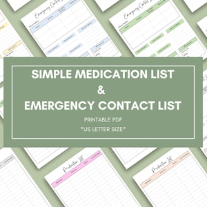 Simple and Handy Medication & Emergency Contact List Printable PDF - Works Digitally - US Letter Size - Multiple Colors - Health Printables