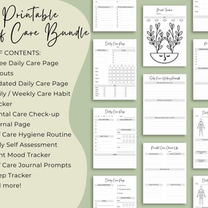 Contents: Three Unique Daily Care Page layouts, Undated Daily Care Page, Daily / Weekly Care Habit Tracker, Mental Care Check-up Journal Page, Self Care Hygiene Routines page, Ideal Morning Checklist page, Daily Self Assessment, Plant Mood Tracker, Self Care Journal Prompts, Sleep Tracker, Self Reflection Journal Page, Notes & Journal Pages