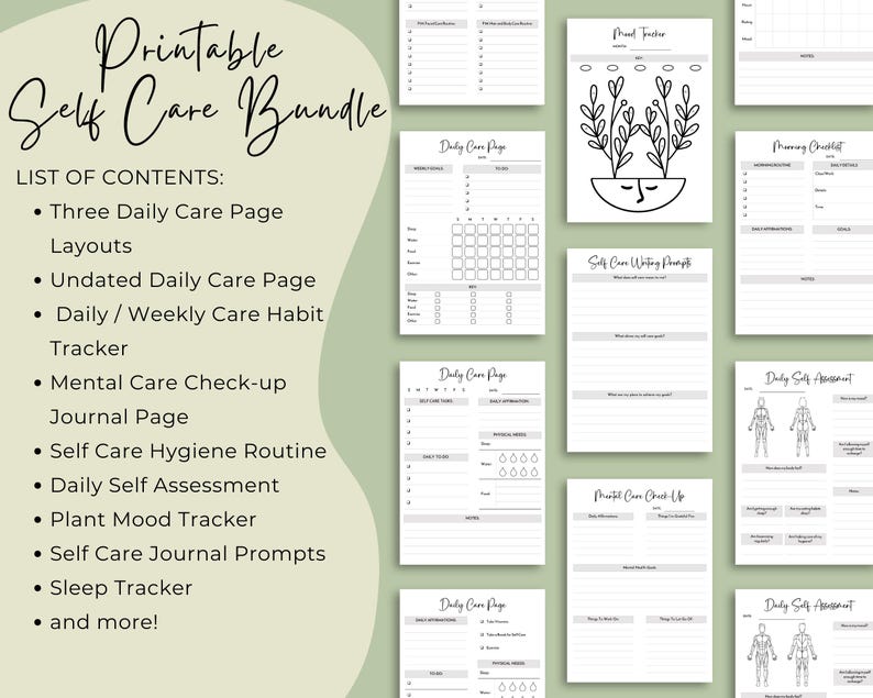 Contents: Three Unique Daily Care Page layouts, Undated Daily Care Page, Daily / Weekly Care Habit Tracker, Mental Care Check-up Journal Page, Self Care Hygiene Routines page, Ideal Morning Checklist page, Daily Self Assessment, Plant Mood Tracker, Self Care Journal Prompts, Sleep Tracker, Self Reflection Journal Page, Notes & Journal Pages