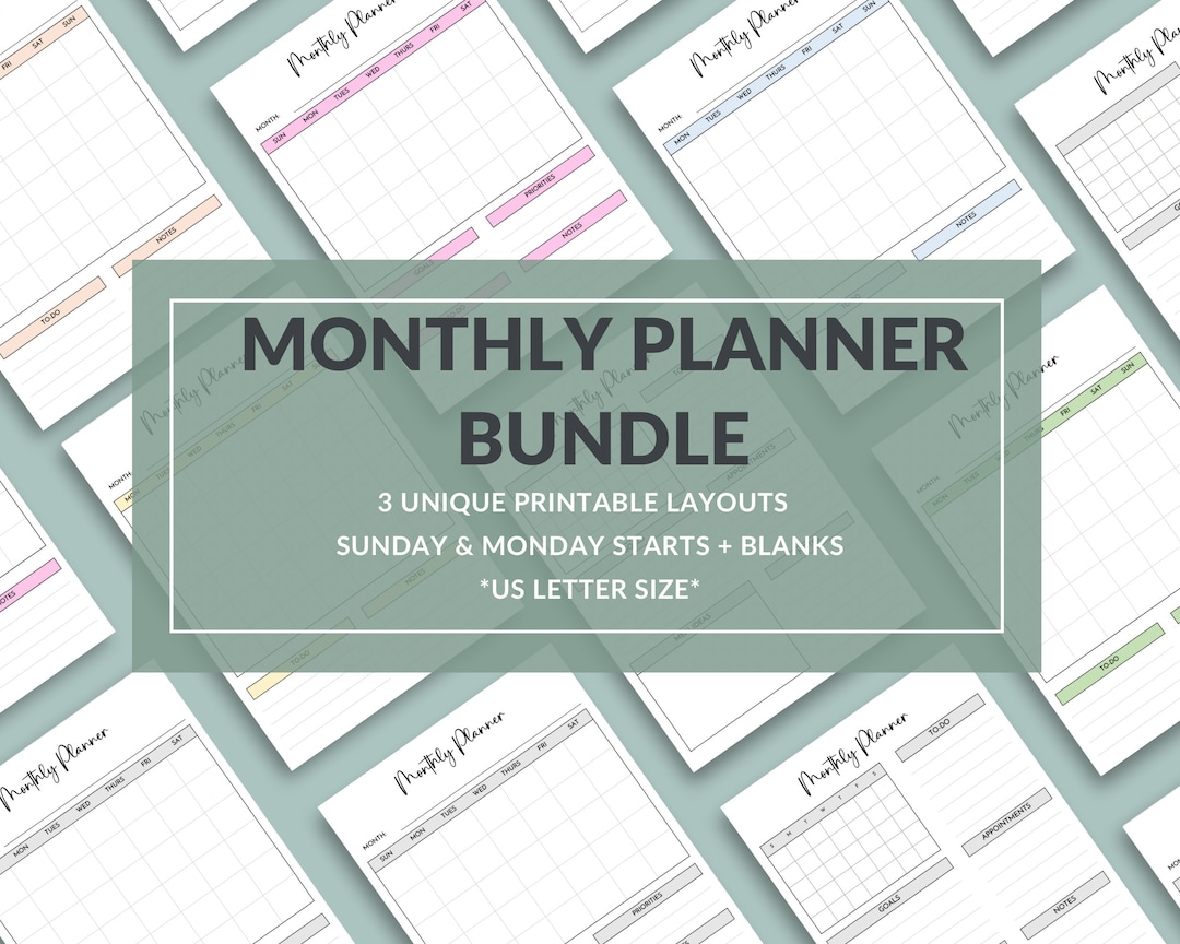 Monthly Planner Printable PDF Bundle - 3 Unique Monthly Layouts - Sunday & Monday Start - Blank ...
