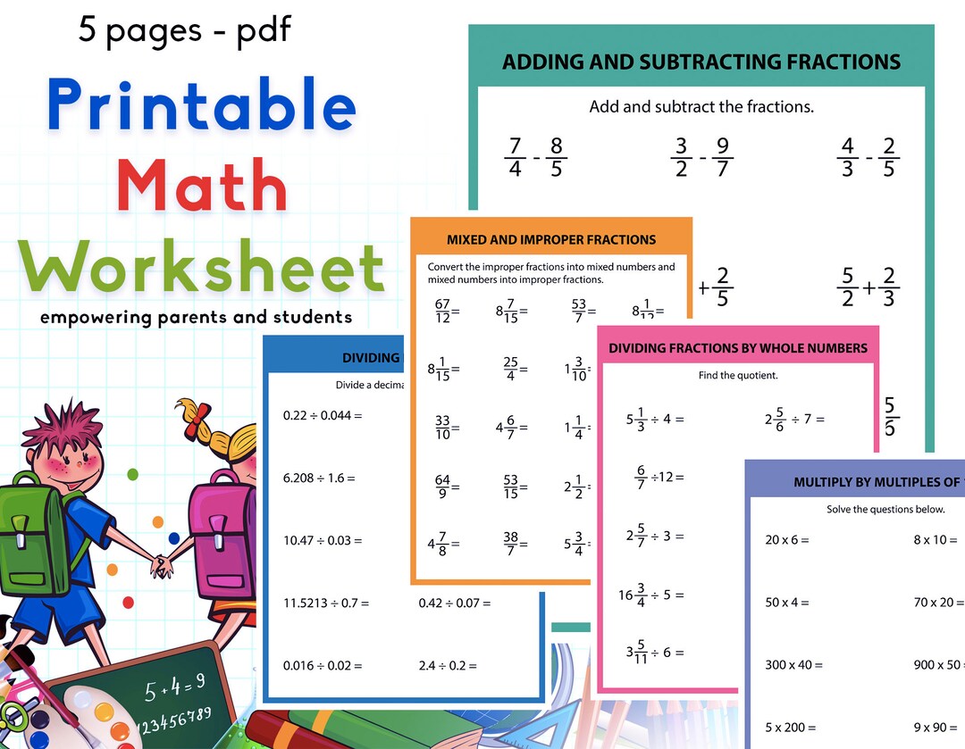5 Printable Math Worksheets | Adding, Subtracting, Dividing, Fractions ...