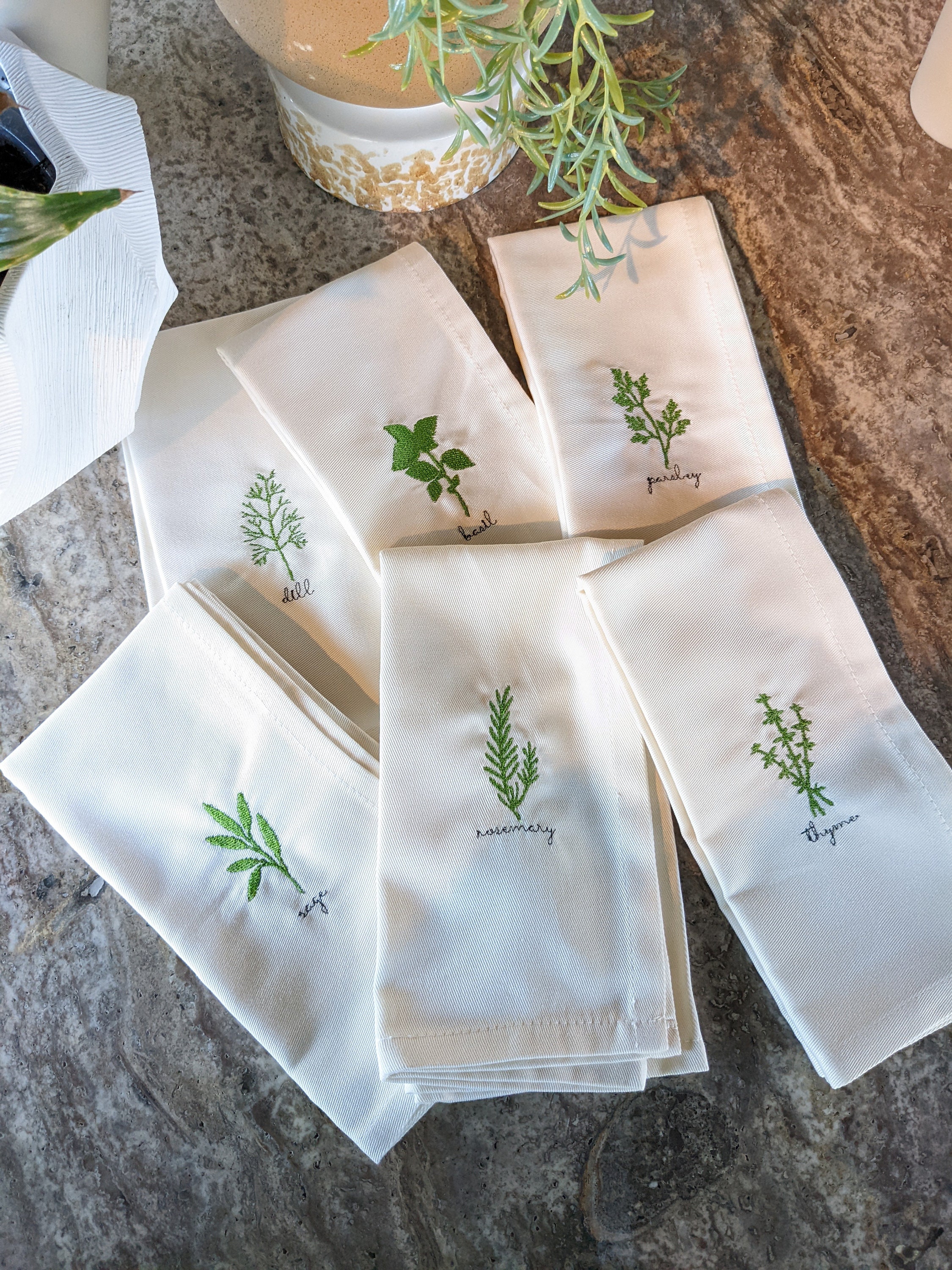 Embroidered Herb Cloth Napkins Set, Custom Botanical Embroidery