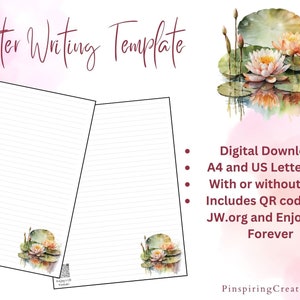 JW Letter Writing printable template; Waterlilies design; With or without lines and optional QR codes
