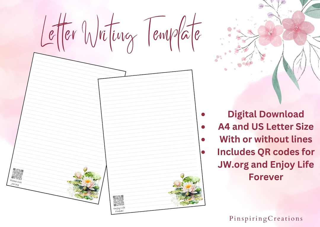 JW Letter Writing Printable Template Waterlily Design With or Without JW Letter Writing Printable Template Waterlily Design With or Without