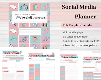 May include: A pastel pink and blue social media planner for influencers. The planner includes 18 printable pages in US Letter and A4 sizes. The planner has sections for post planning, weekly content planning, growth tracking, and account review.