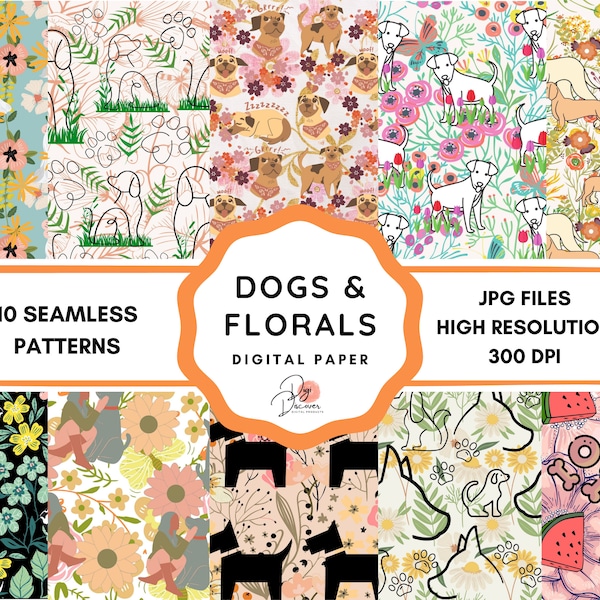 Dogs and Floral Digital Paper, Digital dog background, Spring Background, Dalmation Fabric, Dachshund Art, Weiner Dog Art, digidiscover