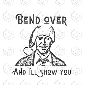 May include: A black and white illustration of a man with a Santa hat, smiling and saying "Bend over and I'll show you".