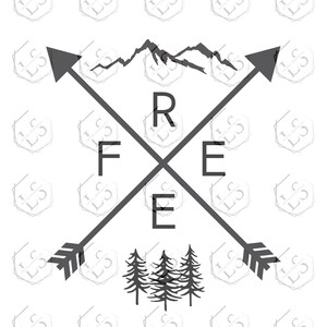 May include: Black and white graphic design with the word "FREE" in the center. The graphic features two arrows crossing each other, a mountain range at the top, and a group of pine trees at the bottom.