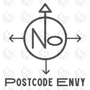 May include: Black and white illustration of a compass with a circle containing the letter "N" and the word "No" inside. The compass points in all four directions. The text "POSTCODE ENVY" is below the compass.