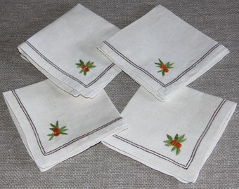Lot de 4 serviettes de table anciennes brodées en lin, serviettes à thé carrées de 24 cm x 24 cm