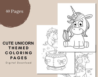 Cute Unicorn Themed Coloring Book, PDF Printable Pages, Digital Download