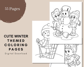 Cute Winter Themed Coloring Book, PDF Printable Pages, Digital Download